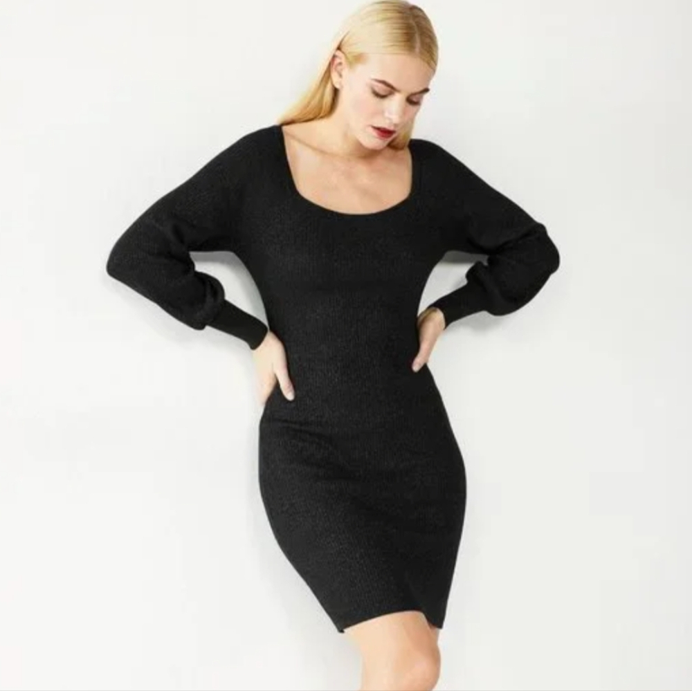 NINE WEST Women's Ribbed Long Sleeve Black Midi Dress